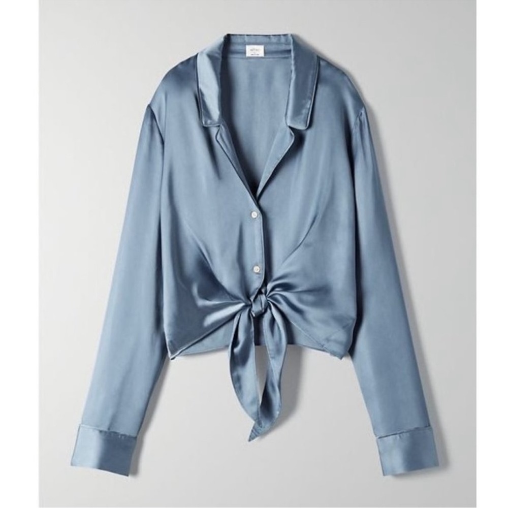 BRAND NEW Wilfred Tie Front Blouse - Granite Blue ARITZIA